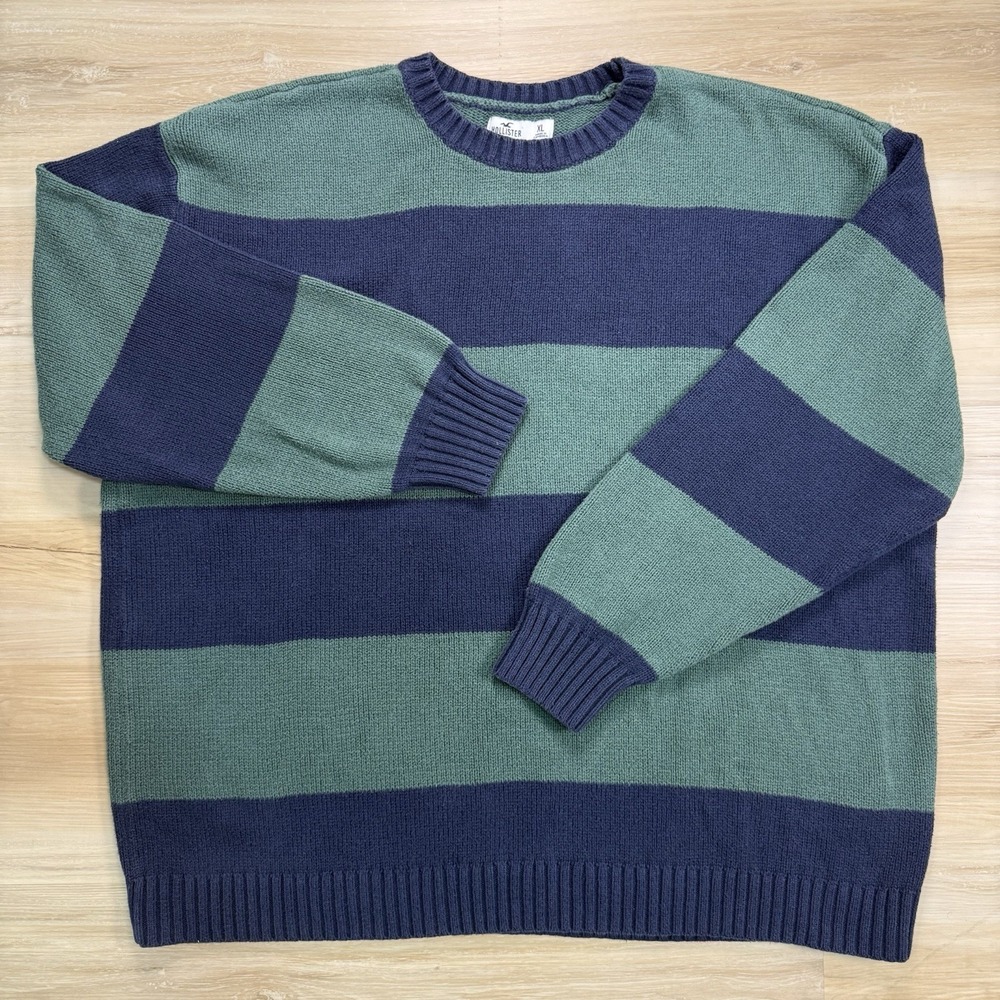 Hollister Mens Size XL Rugby Striped Sweater Blue Green Cotton Blend Y2K Preppy